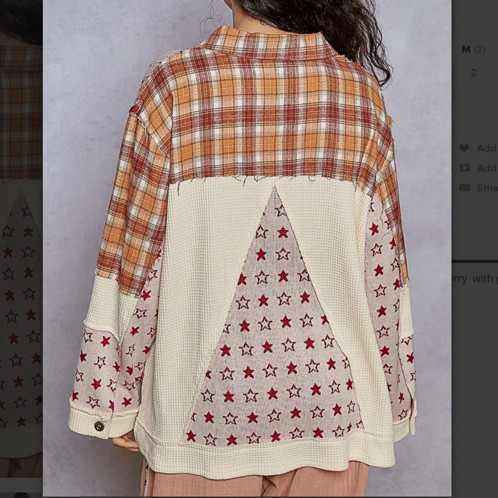 POL Mixed Plaid & Star Patchwork Shacket in Orange, Cream & Red - Picture 4 of 5